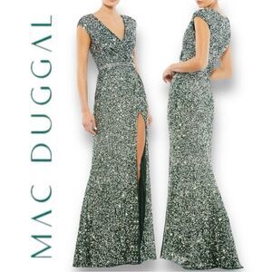MAC DUGGAL Women’s Cap Sleeve Sequined High Slit Gown in the Size 4 Forest Green